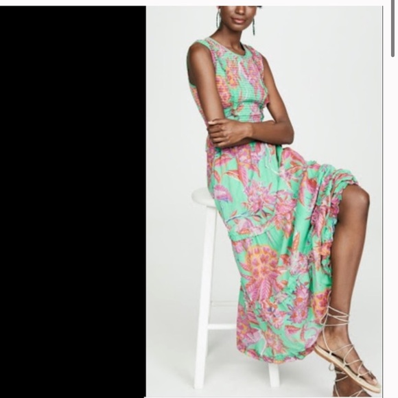 Banjanan Isha Flowy Midi Dress in Flamingo Rhododendron Green. Size XS - Picture 6 of 10